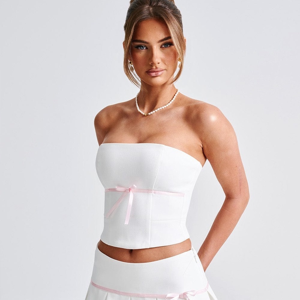 Strapless White Bandeau Camisole with Pink Ribbon Accent